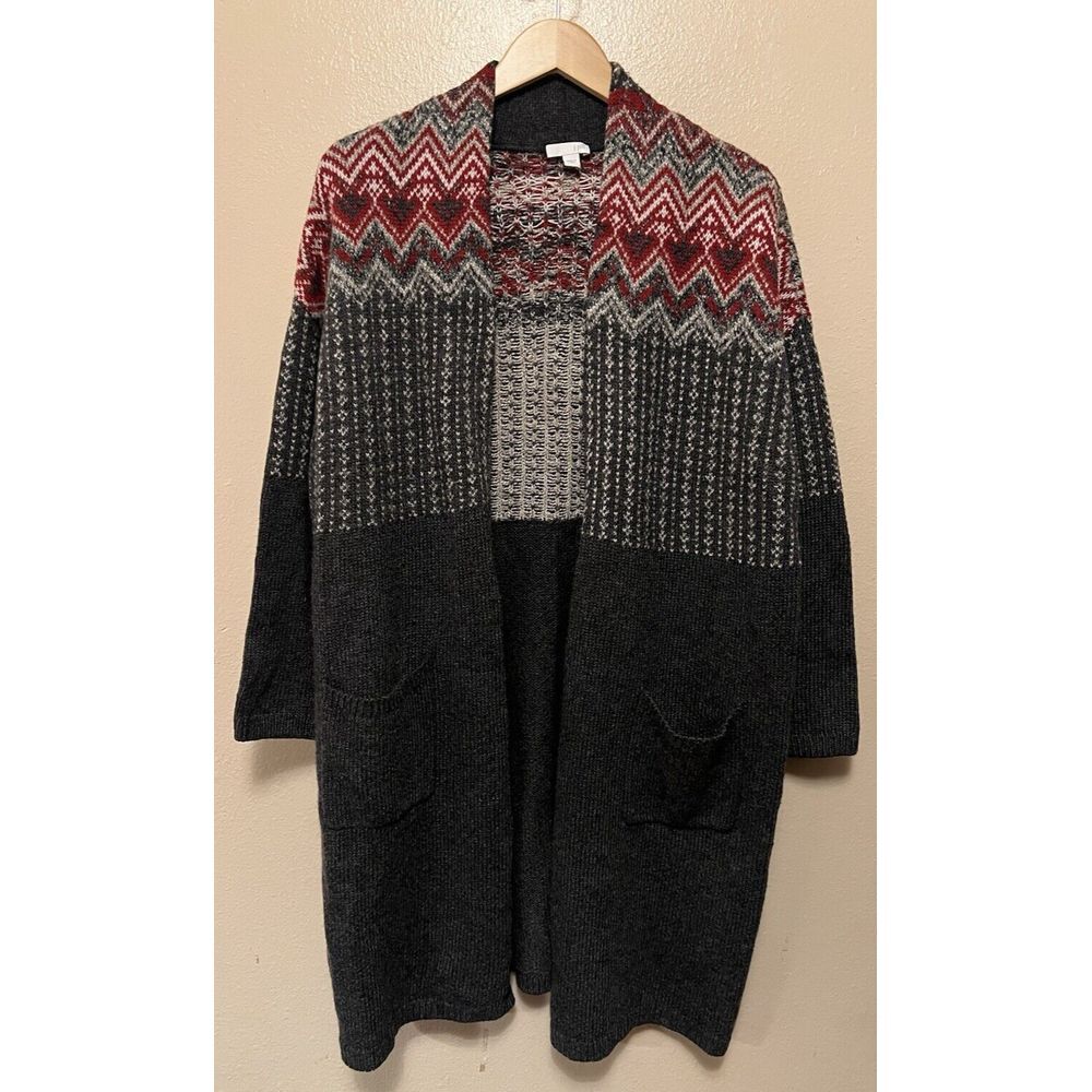 J Jill Cardigan Long Open Front Sweater Thick Red Gray Nordic Fair Isle Wmn Sz L